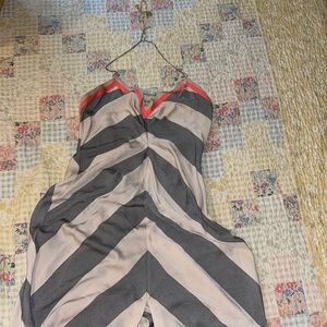 Long summer dress for formal events. Tan gray and pink.